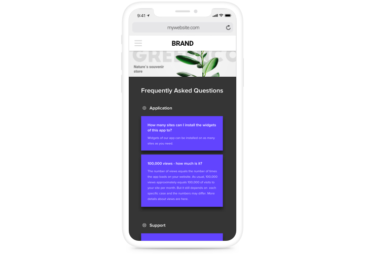 FAQ block view on a smartphone
