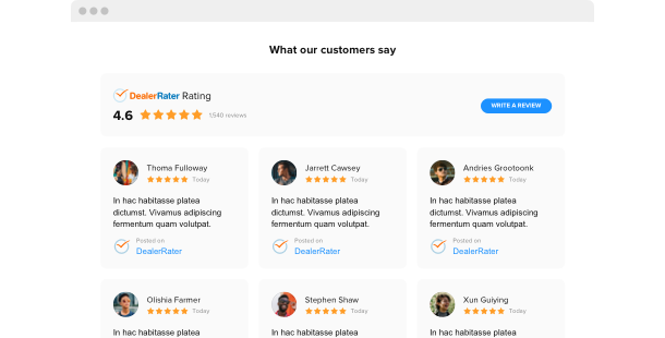 Display positive reviews on your services from DealerRater right on your website