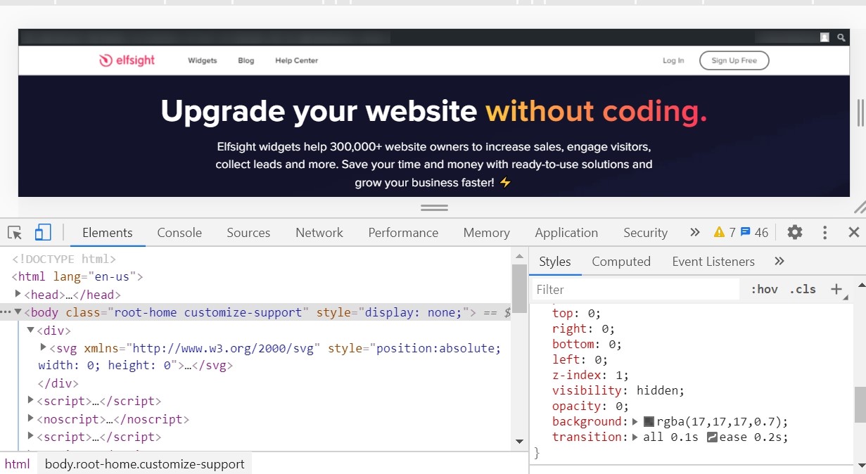 Elements tab in Google Chrome