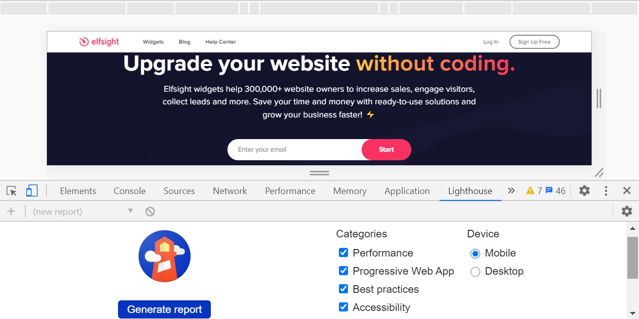 Lighthouse tab in Google Chrome