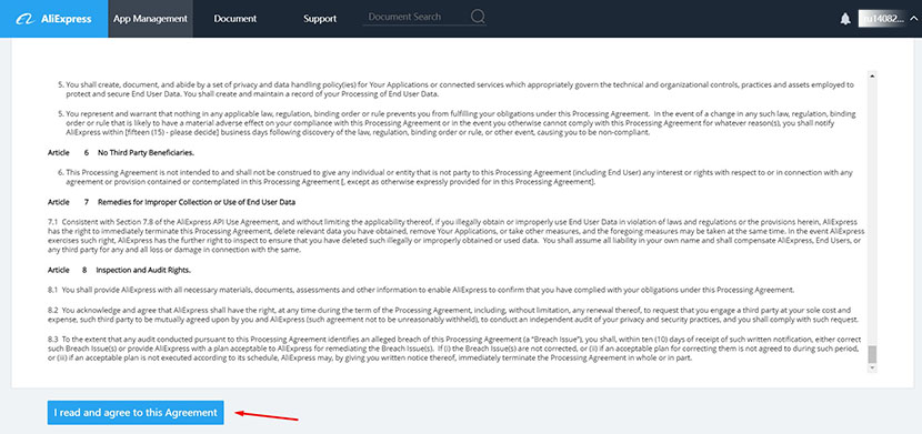 Aliexpress developers agreement