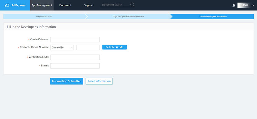 Submit Aliexpress developer information