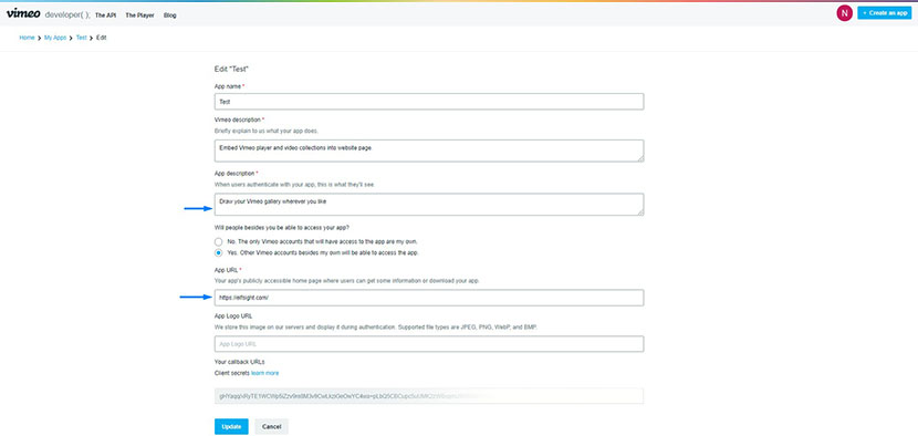 Vimeo app registration