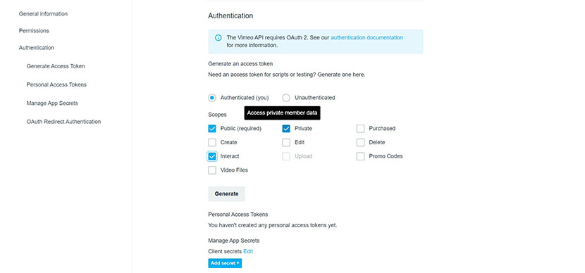 Vimeo API access token
