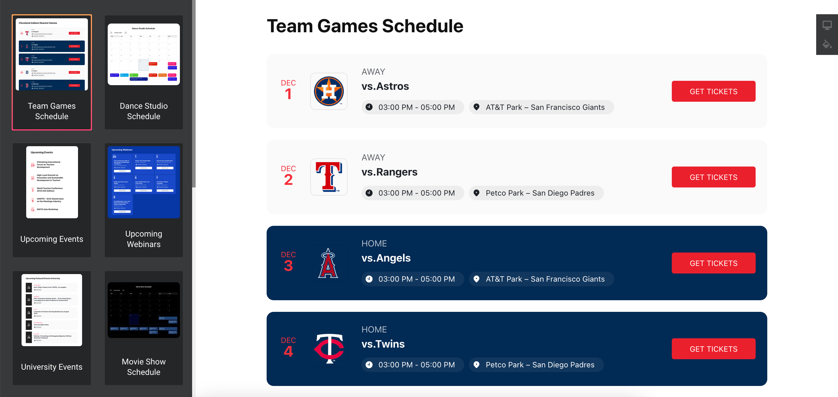 Event Calendar example - games schedule