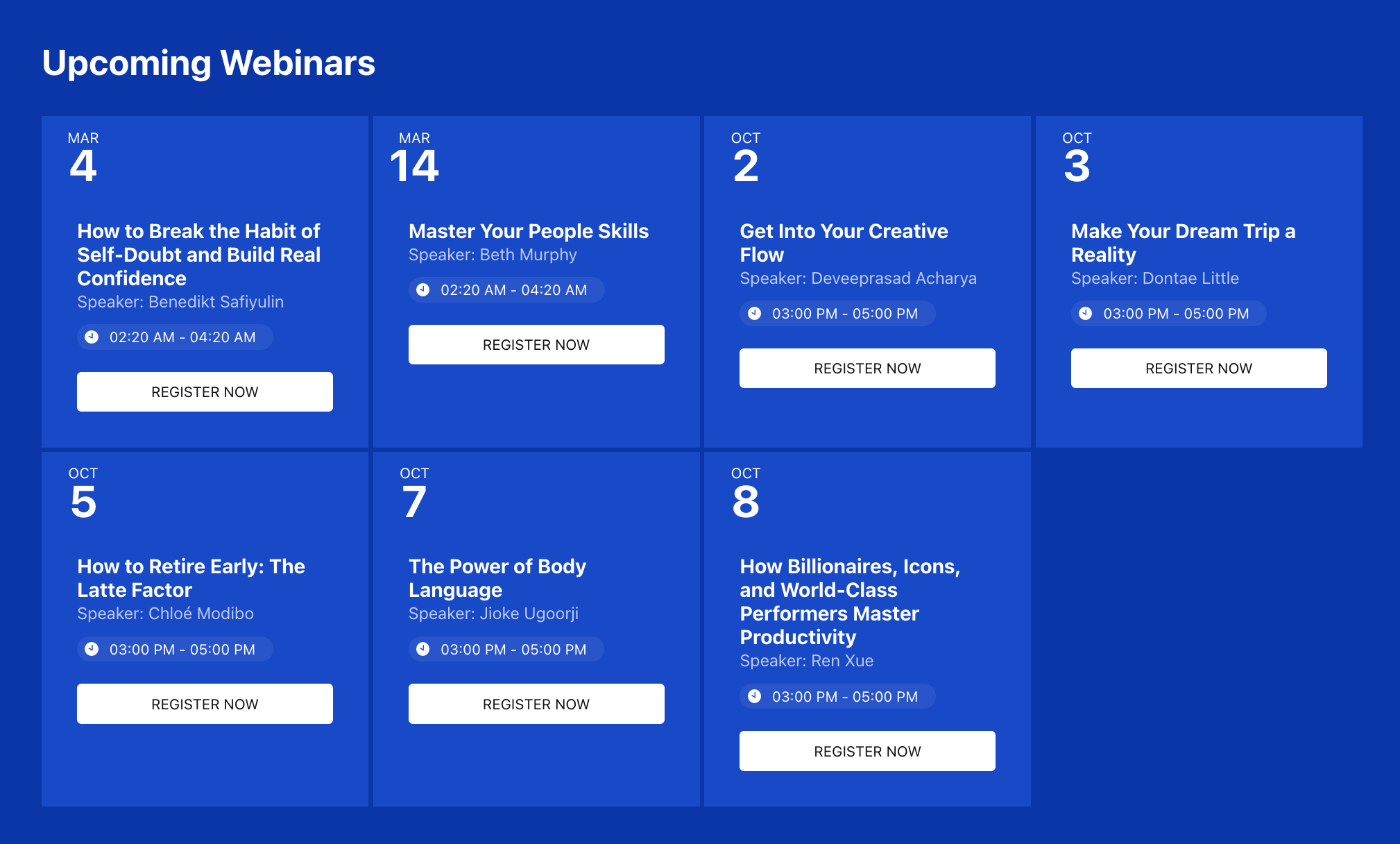 Event Calendar example - upcoming webinars