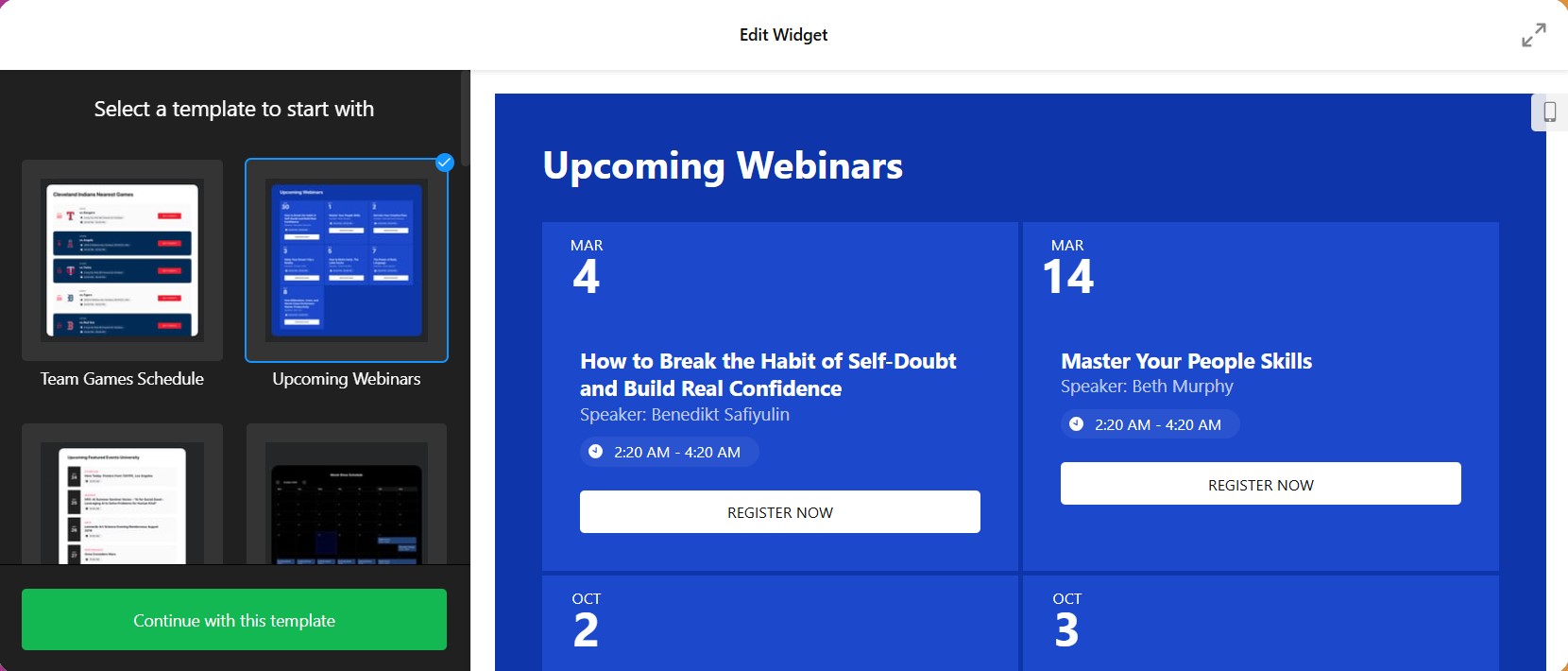 Add Events Calendar on your website: select template