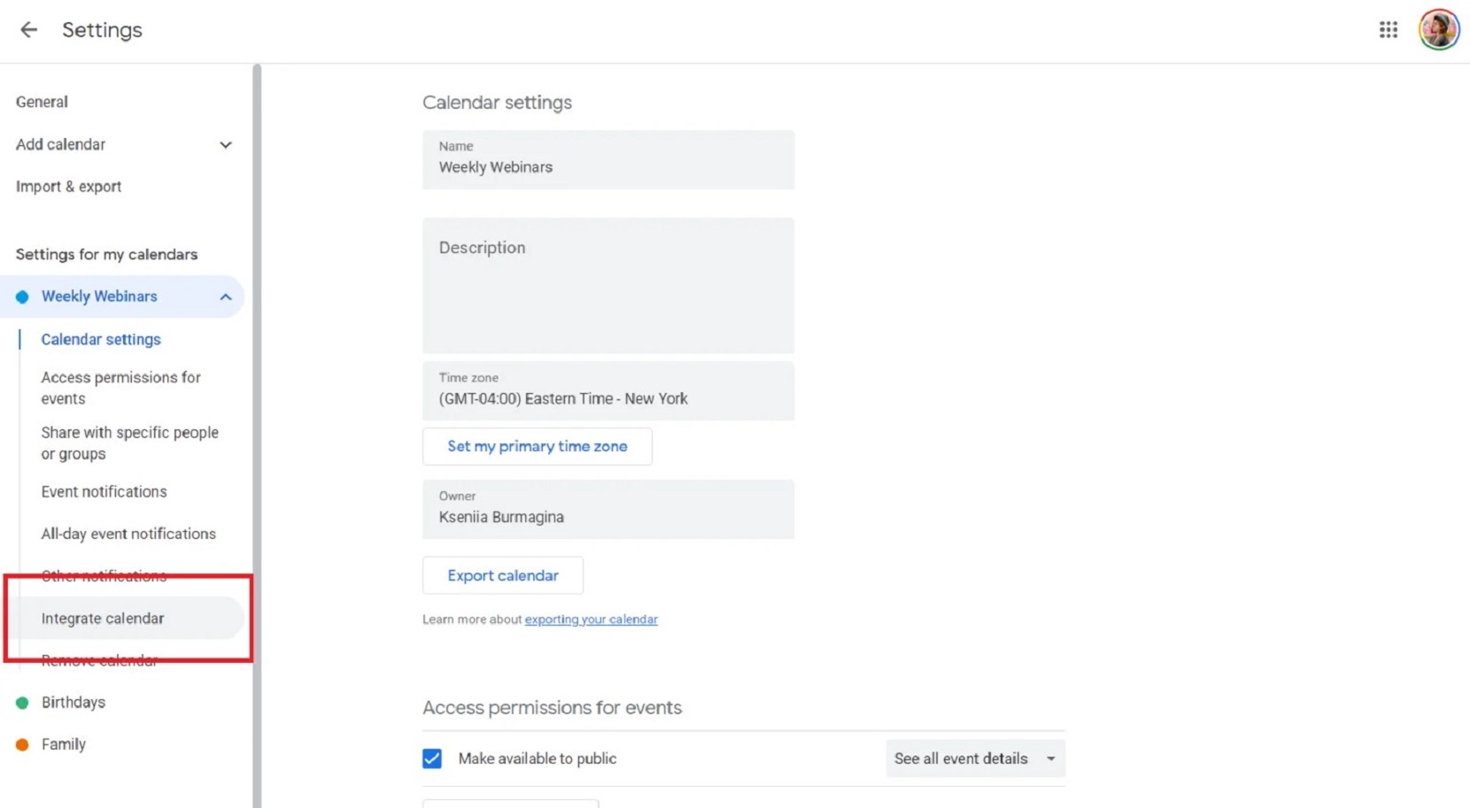 How to embed Google Calendar: Select Calendar