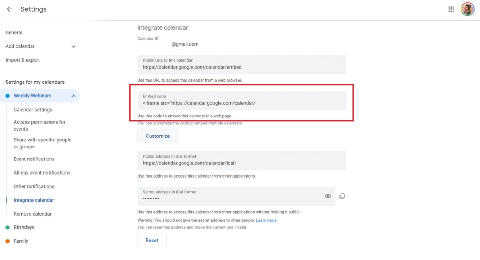 How to embed Google Calendar: Copy code