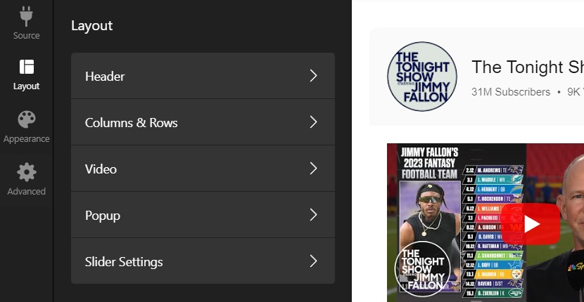 YouTube widget settings
