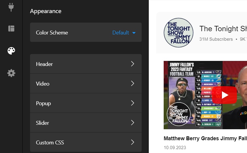 YouTube widget settings
