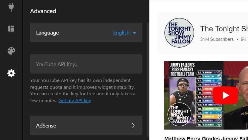 YouTube widget settings