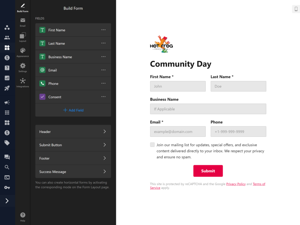 Sign Up Contact Form widget template