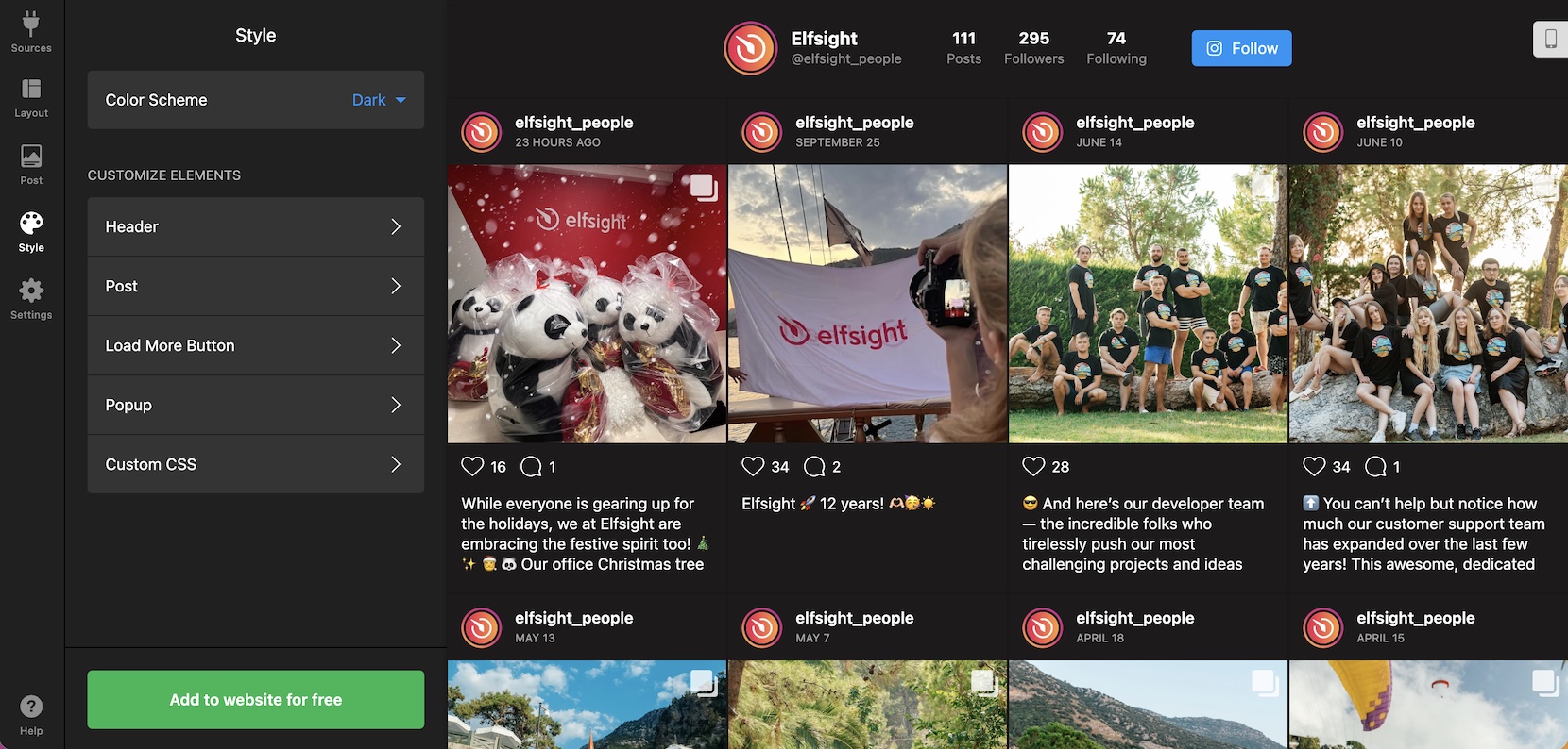 Select a color scheme and elements to embed Instagram Feed to WordPress website