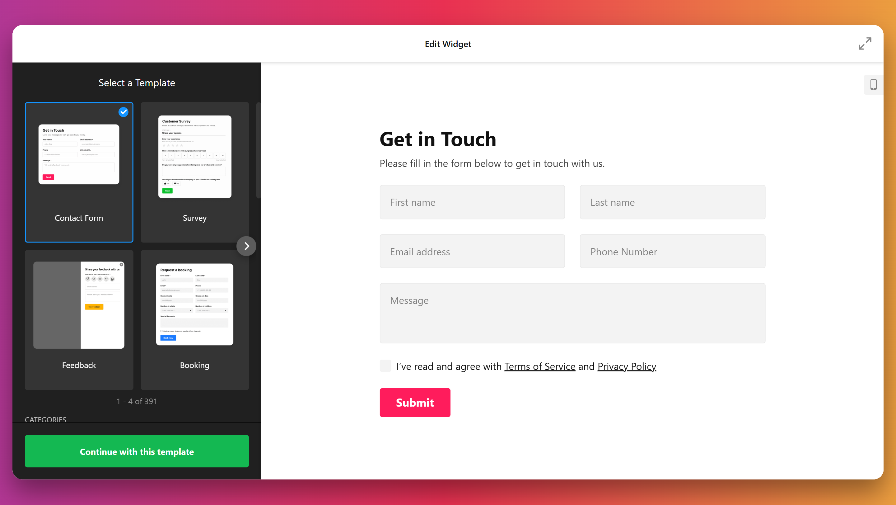 Select an HTML form template