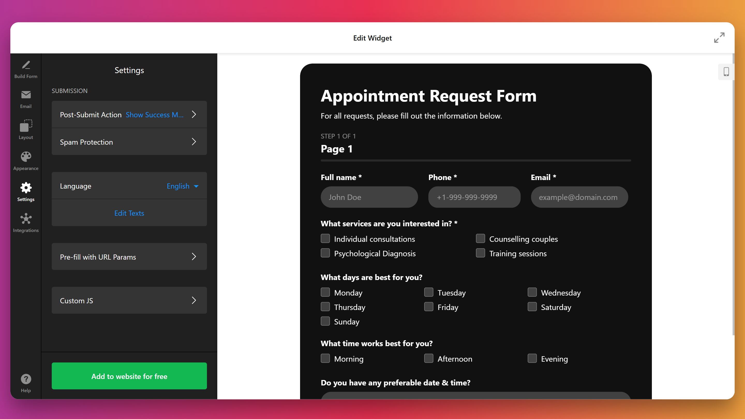 Finalize the settings of the form