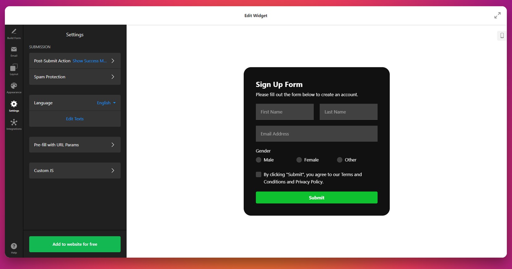 Finalize the form settings