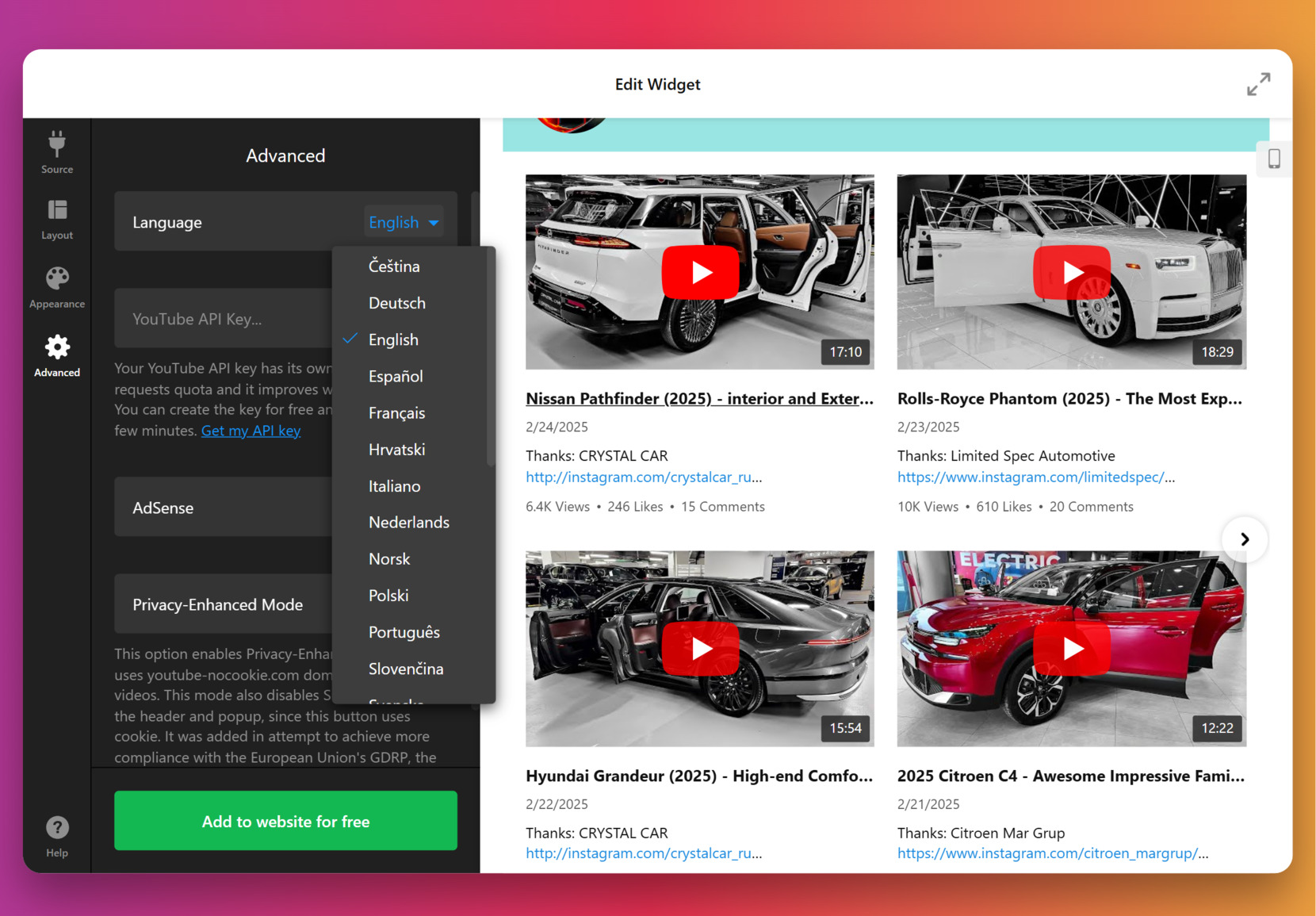 Finalize advanced widget settings