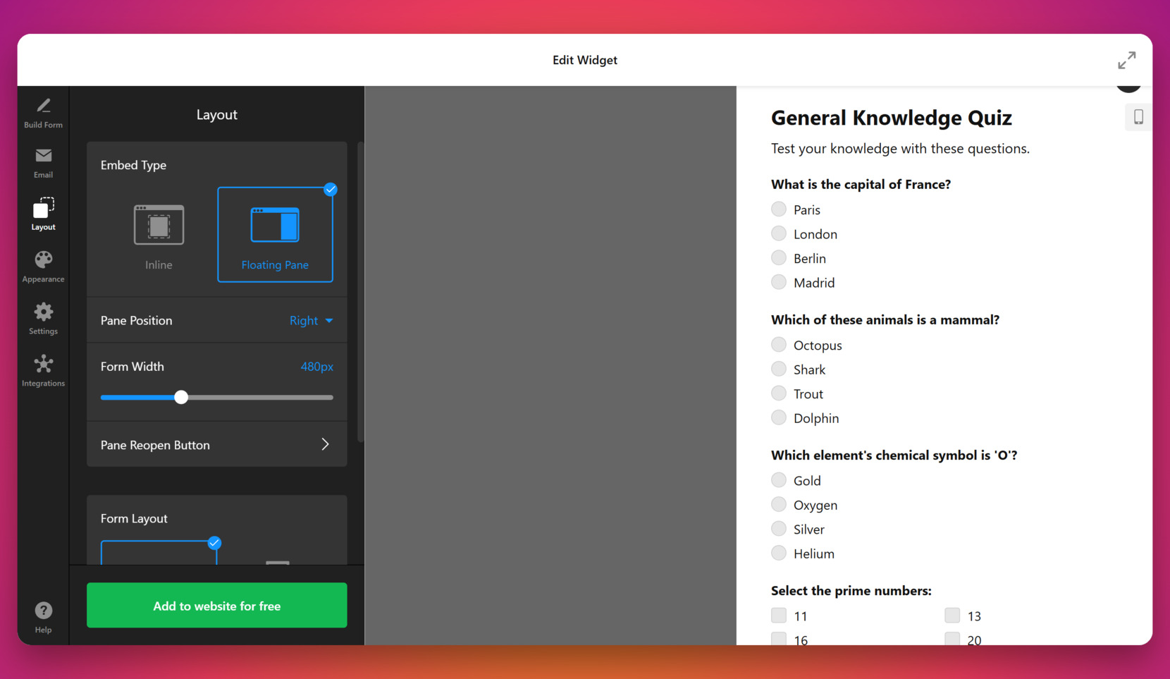 Wählen Sie das Layout des Formulars