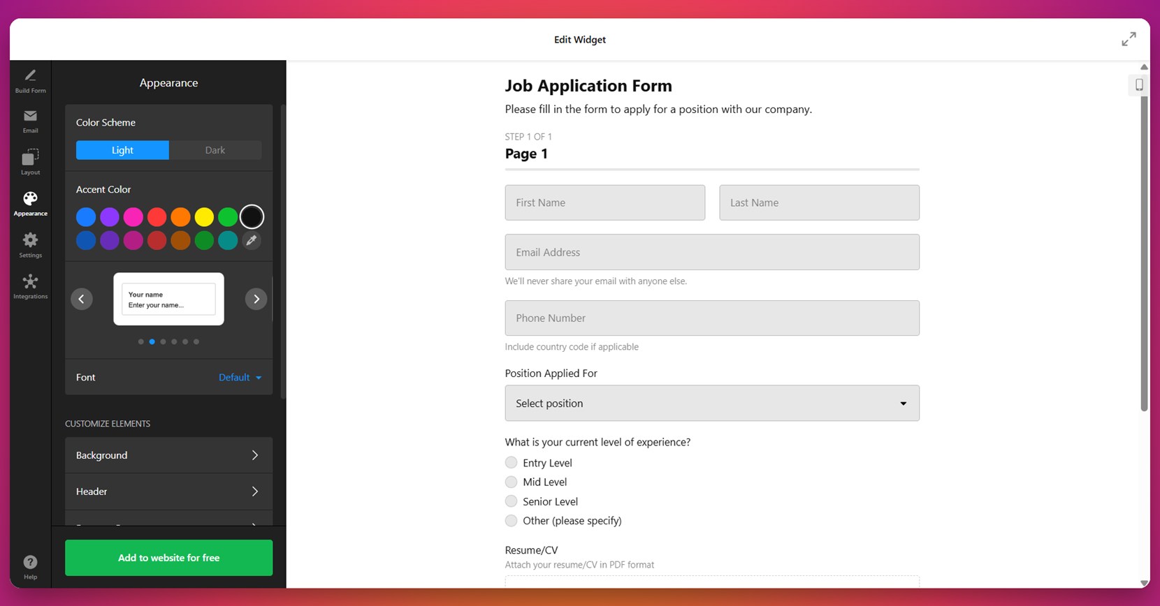 Adjust the form's appearance