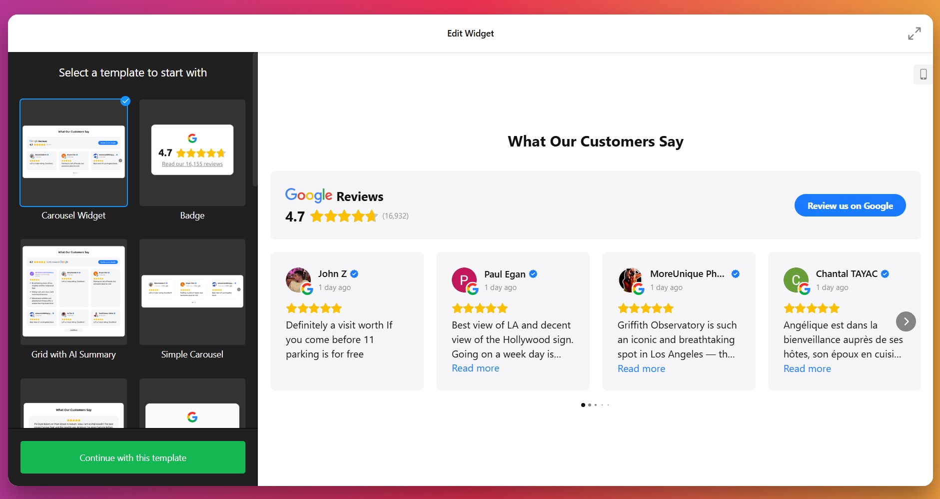 Choose a template for Google Reviews