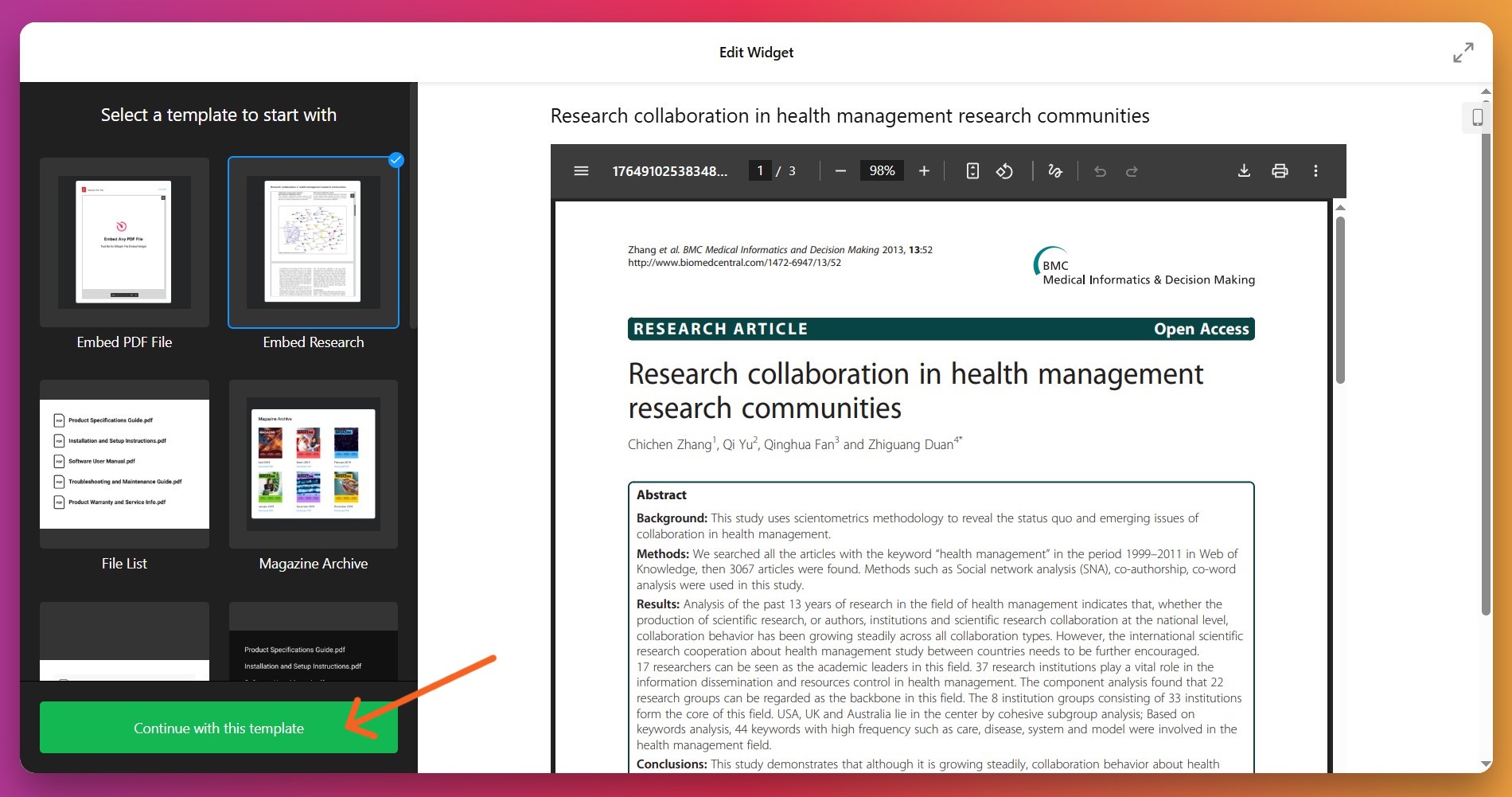 Choose PDF Embed template for website