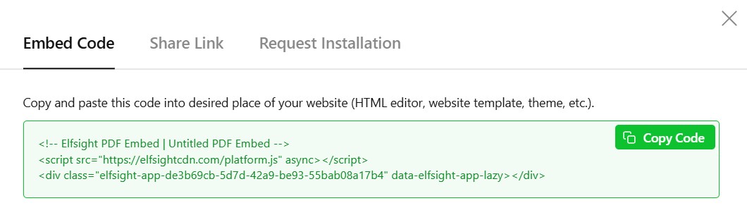 Copy embed code for PDF widget