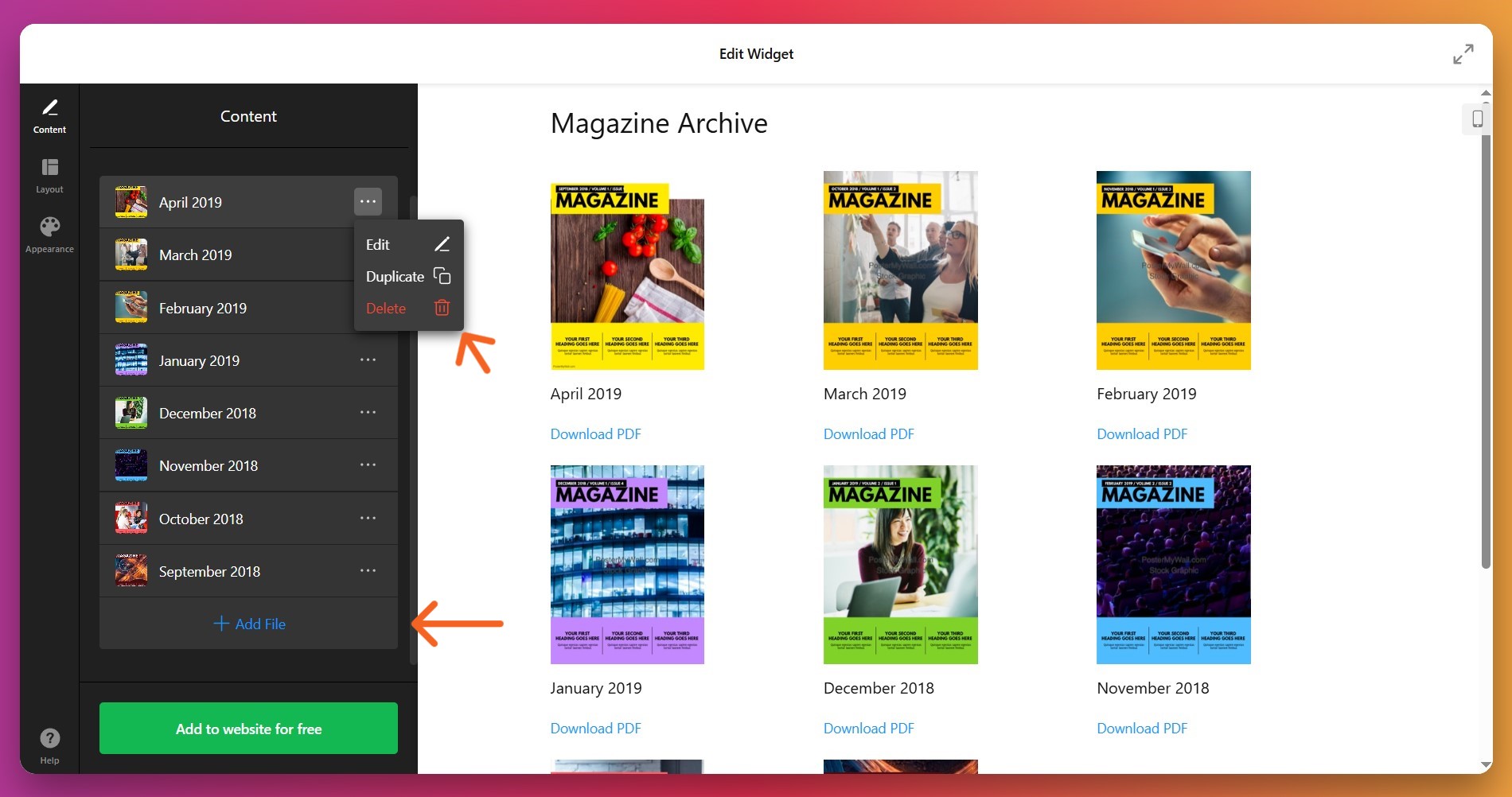 Upload and add PDF files to your widget