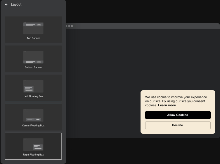 Finden Sie das ideale Layout und erstellen Sie das Cookie Banner Widget perfekt